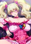  1girl armpits blonde_hair breasts choker cleavage collarbone commentary_request covered_navel cure_peach earrings fresh_precure! hair_between_eyes hair_ornament heart heart_earrings heart_hair_ornament highres jewelry joy_ride large_breasts looking_at_viewer magical_girl momozono_love pink_eyes precure red_choker sagging_breasts solo thighs twintails 