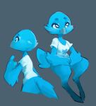 anthro arm_tuft avian beak bird blue_body blue_eyes blue_feathers bottomless capt_spacecat cheek_tuft clothed clothing elbow_tufts eyebrows facial_tuft feathers female front_view hi_res meme rear_view shirt simple_background sitting solo t-shirt topwear tuft tweetfur twitter 