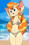  anthro beach big_breasts bikini blonde_hair blue_eyes blush breasts chip_&#039;n_dale_rescue_rangers clothing disney female frilly frilly_clothing frilly_swimwear gadget_hackwrench hair hi_res killy00 long_hair mammal micro_bikini mouse murid murine navel rodent seaside solo swimwear 