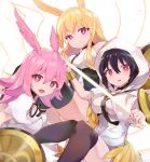  3girls absurdres black_hair black_legwear blonde_hair breasts coat fate/grand_order fate_(series) highres hildr_(fate) looking_at_viewer multiple_girls open_mouth ortlinde_(fate) pink_hair red_eyes same_(sendai623) smile thighhighs thrud_(fate) valkyrie_(fate) white_coat 