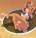  anthro ball barefoot basketball blonde_hair blush breasts clothing darkereve feet female green_eyes hair lagomorph leporid lola_bunny looney_tunes lying mammal rabbit solo space_jam tight_clothing under_boob warner_brothers 