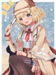  1girl :d blonde_hair blue_eyes blush bob_cut breasts brown_headwear capelet collared_shirt deerstalker detective hair_ornament hat high-waist_skirt highres holding_magnifying_glass hololive hololive_english large_breasts looking_at_viewer magnifying_glass mi_taro333 monocle monocle_hair_ornament necktie notice_lines open_mouth plaid plaid_skirt red_neckwear shirt short_hair skirt smile solo syringe syringe_holster thighhighs trench_coat virtual_youtuber watson_amelia white_shirt wing_collar 