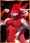  absurd_res anthro belly_scales breasts canid canine claws dragon fur hair hi_res horn looking_at_viewer male mammal ranadi red_eyes red_hair scales simple_background smile solo white_body 