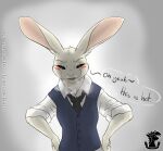  2021 anthro beastars black_eyes blue_clothing blue_topwear blue_vest blush clothed clothing crossdressing dialogue domestic_rabbit dress_shirt ears_up english_text female fur half-length_portrait hands_on_hips haru_(beastars) lagomorph leporid long_ears mammal necktie oryctolagus portrait rabbit shirt solo taiarts text topwear vest white_body white_clothing white_fur white_shirt white_topwear 