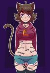  animal_humanoid athletic athletic_female belly bite biting_lip body_writing bottomwear breasts brown_hair cat_humanoid cat_tail catlad choker clothing collar crop_top cropped_hoodie felid felid_humanoid feline feline_humanoid female hair hi_res hoodie humanoid jewelry legwear mammal mammal_humanoid medium_breasts midriff navel necklace niko_(catlad) shirt short_hair shorts slim smeared_makeup smudged_makeup smug solo thigh_highs topwear yellow_eyes 