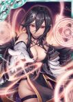  &gt;:) 1girl akkijin bare_shoulders black_dress black_hair breasts dress gloves hair_ornament long_hair magic magic_circle medium_breasts no_panties official_art red_eyes shinkai_no_valkyrie sorceress white_gloves 