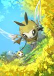  absurdres artist_name black_eyes blue_sky bug commentary cutiefly day day_walker1117 english_text eye_contact fairy field flower flower_field flying full_body gen_7_pokemon grass highres holding_hands insect_wings looking_at_another looking_back outdoors pokemon pokemon_(creature) ribombee signature sky tree wings yellow_flower yellow_theme 