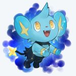  animal_focus artist_name blue_background commentary constellation day_walker1117 english_commentary english_text fangs gen_4_pokemon happy highres jumping looking_up no_humans open_mouth pokemon pokemon_(creature) shinx signature smile solo space star_(sky) twitter_username yellow_eyes 