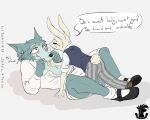  2021 5:4 absurd_res anthro anthro_on_anthro beastars bottomwear canid canine canis clothed clothing crossdressing dialogue dress duo english_text female footwear fully_clothed fur grey_body grey_fur haru_(beastars) hi_res interspecies lagomorph legoshi_(beastars) leporid male male/female mammal pants partially_clothed predator/prey rabbit shirt shoes taiarts text topwear trans_(lore) trans_woman_(lore) vest white_body white_clothing white_dress white_fur wolf 