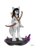  3:4 alpha_channel anthro arrow black_hair bow_(weapon) canid canine canis fur gem grey_body grey_fur grey_nose hair hime_cut holding_bow holding_bow_(weapon) holding_object holding_weapon male mammal matija mouthless nude purple_eyes purple_gem quiver ranged_weapon simple_background solo standing teakoala transparent_background weapon wolf 