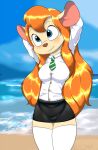  anthro beach big_breasts blonde_hair blouse blue_eyes blush bottomwear breasts chip_&#039;n_dale_rescue_rangers clothing disney female gadget_hackwrench hair hi_res killy00 legwear long_hair mammal mouse murid murine necktie rodent school_uniform seaside skirt solo stockings tight_clothing topwear uniform 