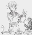  2boys apron bangs bridal_gauntlets csyday eating fate/grand_order fate_(series) food gao_changgong_(fate) hair_between_eyes long_hair long_sleeves monochrome multiple_boys musical_note one_eye_closed plate ponytail pot short_hair sketch smile yan_qing_(fate) 