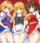  3girls alice_margatroid blush breasts cowboy_shot hakurei_reimu kirisame_marisa lifted_by_self looking_at_viewer medium_breasts multiple_girls nagiyamasugi panties skirt skirt_lift smile standing thighs touhou underwear upskirt white_panties 