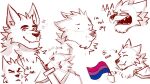  16:9 anthro armor bisexual_pride_colors blush canid canine canis chest_tuft fangs far_beyond_the_world_(series) flag head_tuft in_denial lgbt_pride lying male mammal melee_weapon on_back pride_colors ranok_(far_beyond_the_world) screaming shoulder_guards solo sword text tuft weapon widescreen wild_tapioca wolf 