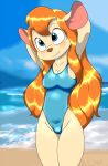  anthro beach big_breasts blonde_hair blue_eyes blush breasts camel_toe chip_&#039;n_dale_rescue_rangers cleavage clothed clothing disney female gadget_hackwrench hair hi_res killy00 long_hair mammal mouse murid murine one-piece_swimsuit rodent seaside solo swimwear tight_clothing 