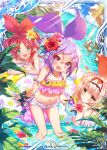  3girls age_of_ishtaria aqua_eyes beach blonde_hair blue_sky collaboration cup flower green_eyes hair_flower hair_ornament holding holding_cup innertube lu_hpink multiple_girls ocean official_art open_mouth pink_hair plant red_eyes red_flower red_hair salix_(age_of_ishtaria) shinkai_no_valkyrie short_shorts shorts sitting sky swimsuit yellow_flower 