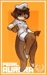  anthro bottomwear brown_hair capt_spacecat clothing female footwear hair hat headgear headwear hi_res jacket looking_at_viewer lutrine mammal medal mustelid navy_uniform orange_background orange_eyes pearl_aurora shoes simple_background skirt smile solo topwear white_bottomwear white_clothing white_footwear white_jacket white_shoes white_skirt white_topwear 