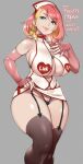  1girl 2021 agawa_ryou bare_shoulders blonde_hair blue_eyes breasts dated fingerless_gloves gloves grey_background large_breasts looking_at_viewer naughty_face nurse original pink_gloves red_hair short_hair simple_background smile solo thick_thighs thighs underboob wide_hips 