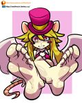  absurd_res anthro barefoot blush blush_stickers clothed clothing colored_nails countershade_feet countershading ears_up feet female foot_focus green_hair hair hat headgear headwear hi_res looking_at_viewer mad_rat_dead mammal murid murine nails necktie pink_eyes rat rat_god_(mad_rat_dead) rat_tail reathroch rodent simple_background soles solo teasing toes top_hat video_games wings 