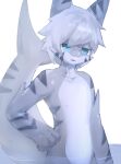  ambiguous_gender anthro blue_eyes changed_(video_game) fin fish grey_body hair hand_on_hip hi_res marine open_mouth partially_submerged poch1 shark shark_tail simple_background solo stripes the_shark_(changed) white_background white_body white_hair 