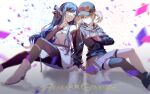  2girls :| azusawa_kohane baseball_cap belt black_hair black_headwear black_hoodie blonde_hair blue_hair boots closed_mouth confetti dress eyewear_on_head facing_viewer frills grey_skirt hair_ornament hairclip hand_on_own_chest hand_on_own_chin hat highres hood hoodie leaning_on_person long_sleeves multicolored_hair multiple_girls official_alternate_costume pantyhose project_sekai reflection reflective_floor scrunchie shiraishi_an short_twintails side_ponytail sitting skirt sleeveless smirk star_(symbol) star_hair_ornament striped sunglasses text_focus tinted_eyewear twintails walluku white_background white_dress white_footwear yellow_eyes 