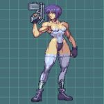  1girl bare_shoulders black_footwear black_gloves breasts clenched_hand closed_mouth collarbone covered_navel fingerless_gloves ghost_in_the_shell gloves grid grid_background gun holding holding_gun holding_weapon kusanagi_motoko leotard muscular muscular_female omegachaino pixel_art purple_eyes purple_hair short_hair solo standing thighhighs weapon white_legwear 