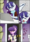  absurd_res anthro anthrofied blue_eyes breasts caoscore clothed clothing comic cup duo equid equine female friendship_is_magic hair hi_res holding_cup holding_object horn mammal my_little_pony pencil_(object) purple_hair rarity_(mlp) suri_polomare_(mlp) unicorn 