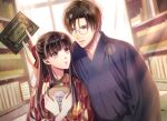  1boy 1girl black_hair blurry blurry_background book bookshelf bow brown_hair couple crossed_arms glasses hair_bow hand_up hetero holding holding_book indoors izumi_(stardustalone) japanese_clothes kimono lens_flare long_hair open_mouth renri_no_chigiri_wo_kimi_to_shiru taishou 