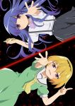  2girls :d bangs black_background black_hairband black_skirt blonde_hair blood blue_hair blunt_bangs bow bowtie closed_mouth collared_shirt commentary dress frown furude_rika green_dress hair_between_eyes hairband hand_up highres higurashi_no_naku_koro_ni holding houjou_satoko index_finger_raised long_hair looking_at_viewer lower_teeth multiple_girls neckerchief open_mouth outstretched_arm puffy_short_sleeves puffy_sleeves purple_bow purple_eyes purple_neckwear rumia_(compacthuman) sailor_collar school_uniform shirt shirt_tucked_in short_hair short_sleeves skirt smile split_screen spread_fingers suspender_skirt suspenders twitter_username white_sailor_collar white_shirt yellow_neckwear 