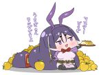  1girl animal_ears apple bangs breasts bunny_ears chibi commentary_request fake_animal_ears fate/grand_order fate_(series) food fruit hairband highres large_breasts long_hair low-tied_long_hair minamoto_no_raikou_(fate) open_mouth parted_bangs pelvic_curtain plate purple_eyes purple_hair rei_(rei_rr) seiza sitting smile solo sword translation_request very_long_hair weapon 