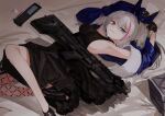  armpits breasts dress fishnet_legwear fishnets girls_frontline gloves gun hair_ribbon heterochromia highlights highres mdr_(girls_frontline) multicolored_hair on_bed phone ra_9rara ribbon sideboob silver_hair smile weapon 