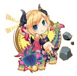  1girl blonde_hair blue_eyes braid chibi commentary_request crossed_legs crown_braid demon_girl demon_horns demon_wings floral_print hololive horns japanese_clothes kimono off-shoulder_kimono otoufu pointy_ears rock short_kimono sitting solo virtual_youtuber wide_sleeves wings yuzuki_choco 