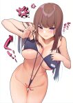  1girl bangs bare_hips bikini bikini_pull blush breasts brown_hair clothes_pull frustrated highres karinto_yamada large_breasts micro_bikini navel original pulling purple_eyes slingshot_swimsuit solo swimsuit thick_thighs thighs tight wedgie 