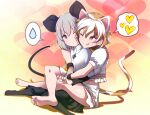  2girls ;q animal_ears bangs barefoot black_legwear breasts brown_eyes capelet cat_ears cat_tail commentary_request dress eyebrows_visible_through_hair flat_chest goutokuji_mike gradient gradient_background grey_dress hair_between_eyes heart heart_background leg_lock light_blush looking_at_another medium_breasts midriff mouse_ears mouse_tail multicolored_hair multiple_girls nazrin no_shoes one_eye_closed otoufu_(wddkq314band) pantyhose puffy_short_sleeves puffy_sleeves red_eyes shirt short_hair short_sleeves shorts silver_hair simple_background soles spoken_heart spoken_sweatdrop streaked_hair sweatdrop tail toes tongue tongue_out touhou v-shaped_eyebrows white_capelet white_shirt white_shorts yuri 