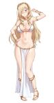  1girl bikini blonde_hair blue_eyes breasts celia_kumani_entory closed_mouth drill_hair eyebrows_visible_through_hair eyes_visible_through_hair full_body hair_over_one_eye hand_on_hip hand_up highres large_breasts long_hair navel sarhce simple_background smile solo standing swimsuit twin_drills walkure_romanze white_background white_bikini 