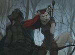  5_fingers anthro arrow breasts canid canine canis clothed clothing domestic_dog duo female fingers fur hair holding_bow holding_object holding_weapon koul mammal navel red_eyes red_hair weapon white_body white_fur 