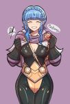  1girl bangs belt black_bodysuit black_gloves blunt_bangs blush bodysuit braid breasts buttons cleavage clenched_hands closed_eyes cosplay cowboy_shot earrings elbow_gloves english_commentary fire_emblem fire_emblem:_three_houses fire_emblem_heroes gloves happy highres jewelry marianne_von_edmund medium_breasts pink_capelet purple_background raydango reginn_(fire_emblem) reginn_(fire_emblem)_(cosplay) shadow sidelocks signature simple_background smile solo teeth thigh_gap 
