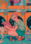  1girl aqua_shorts blonde_hair blue_eyes bubble can dalmatian drinking_straw glasses grey_shirt highres laundromat long_hair najuco_(naju0517) newspaper original ponytail red_footwear red_nails sandals shadow shirt shirt_tucked_in short_sleeves shorts solo 