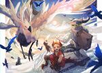  2boys backpack bag bird blue_eyes brown_gloves brown_hair clenched_hand extra_eyes gloves highres horns lizard_tail luggage multiple_boys outdoors phima pixiv_fantasia pixiv_fantasia_mountain_of_heaven pointy_ears red_horns sled sleeveless standing sun tail 