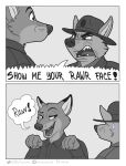  2021 absurd_res anthro canid canine clothed clothing comic dialogue digital_drawing_(artwork) digital_media_(artwork) duo english_text eyebrows fox greyscale hat headgear headwear hi_res humor looking_at_another male mammal military monochrome multiple_scenes narrowed_eyes nik159 raised_eyebrow rawr text url yelling 