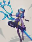  1girl absurdres ahoge arainekozz black_gloves blue_hair bow checkered checkered_clothing checkered_legwear closed_mouth dress drill_hair eyebrows_visible_through_hair frilled_dress frills gloves green_eyes gwen_(league_of_legends) hair_bow heterochromia highres holding holding_scissors holding_weapon league_of_legends long_hair mismatched_legwear oversized_object purple_bow purple_eyes scissors smile solo stitches striped striped_legwear twintails weapon white_bow white_dress white_footwear 