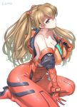  1girl ass blonde_hair blue_eyes bodysuit breasts floor gainax hand_on_own_chest highres long_hair looking_to_the_side neon_genesis_evangelion no_bra open_clothes open_shirt sitting solo souryuu_asuka_langley studiozombie thighs wariza 