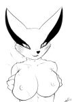  absurd_res anthro asian_mythology black_and_white black_eyeliner black_nose breast_squish breasts canid canine east_asian_mythology female fox fox_spirit hand_on_breast hi_res kurama long_ears mammal monochrome mythology naruto sketch snout solo squish tailed_beast 