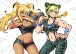  2girls blonde_hair bocodamondo breasts cleavage cowboy_shot dark_skin dark_skinned_female dumbbell dumbbell_nan_kilo_moteru? emphasis_lines fairouz_ai fingerprint green_eyes green_nails highres jojo_no_kimyou_na_bouken kujo_jolyne large_breasts medium_breasts midriff multicolored_hair multiple_girls navel navel_piercing piercing pointing sakura_hibiki seiyuu_connection short_shorts shorts simple_background stone_ocean two-tone_hair white_background 