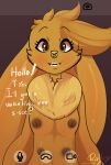  anthro areola blush brown_body brown_eyes brown_fur chest_tuft english_text facial_piercing floppy_ears fur girly greeting head_tuft hi_res long_ears looking_at_viewer male multi_nipple nipples nose_piercing open_mouth piercing ral raljoy simple_background smile solo text tojol tuft 