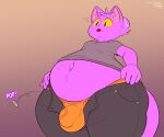  2021 anthro balls_outline belly big_belly black_eyes bottomwear bulge button_pop clothed clothing denim denim_clothing domestic_cat felid feline felis front_view frumples frumples_(character) fully_clothed fur genital_outline jeans male mammal navel open_mouth overweight pants penis_outline pupils purple_body purple_fur shirt simple_background slit_pupils solo standing surprise thick_thighs topwear underwear yellow_sclera 