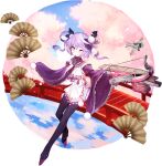  1girl aircraft artist_request bangs black_legwear blue_oath blush crossbow eyebrows_visible_through_hair fan frilled_sleeves frills gloves hair_ornament highres holding holding_weapon japanese_clothes long_sleeves multicolored_hair official_art one_eye_closed petals pom_pom_(clothes) purple_gloves purple_hair retrofit_(blue_oath) rigging smile solo thighhighs transparent_background weapon wide_sleeves yellow_eyes zuihou_(blue_oath) 