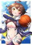  1girl ahoge azur_lane ball baltimore_(azur_lane) bangs basketball black_legwear blue_coat blue_sky blush braid breasts brown_hair center_opening character_name clothing_cutout cloud coat commentary_request cowboy_shot day eyebrows_visible_through_hair faulds french_braid garter_straps gloves hair_between_eyes heavy_breathing highres holding holding_ball hooded_coat kado_(hametunoasioto) large_breasts lens_flare long_sleeves looking_at_viewer multicolored_coat navel number open_clothes open_coat open_mouth pelvic_curtain short_hair sidelocks skindentation sky solo standing stomach_cutout sweat taut_clothes thighhighs underboob underboob_cutout upper_teeth visor_(armor) white_gloves yellow_eyes 