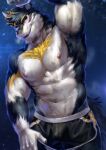  absurd_res anthro bodily_fluids canid canine canis clothing dragon fur furred_dragon hi_res hybrid male mammal muscular navel nipples nviek5 solo sweat underwear vortiganshine wolf 
