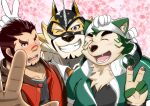  akashi anthro bandanna blush canid canine canis domestic_dog felid fur gesture green_body green_fur group human kerchief live-a-hero male mammal mask mokdai nazebesu_hobby pantherine pawpads ryekie_(live-a-hero) scar slightly_chubby superhero tiger v_sign 